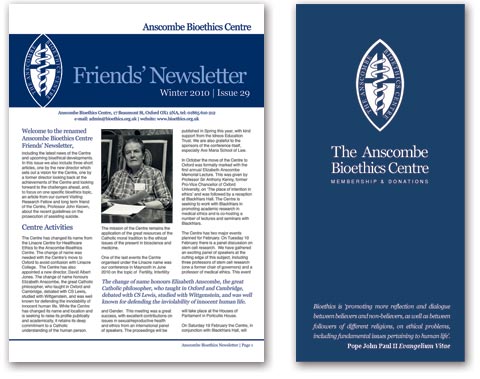Newsletter and leaflet design for The Anscombe Bioethics Company