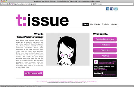 Website for UK tissue pack marketing company 't:issue'